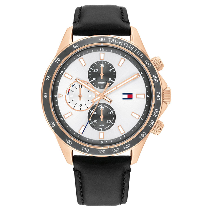 Tommy Hilfiger Black Leather Silver Dial Men's Multi-function Watch - 1792016