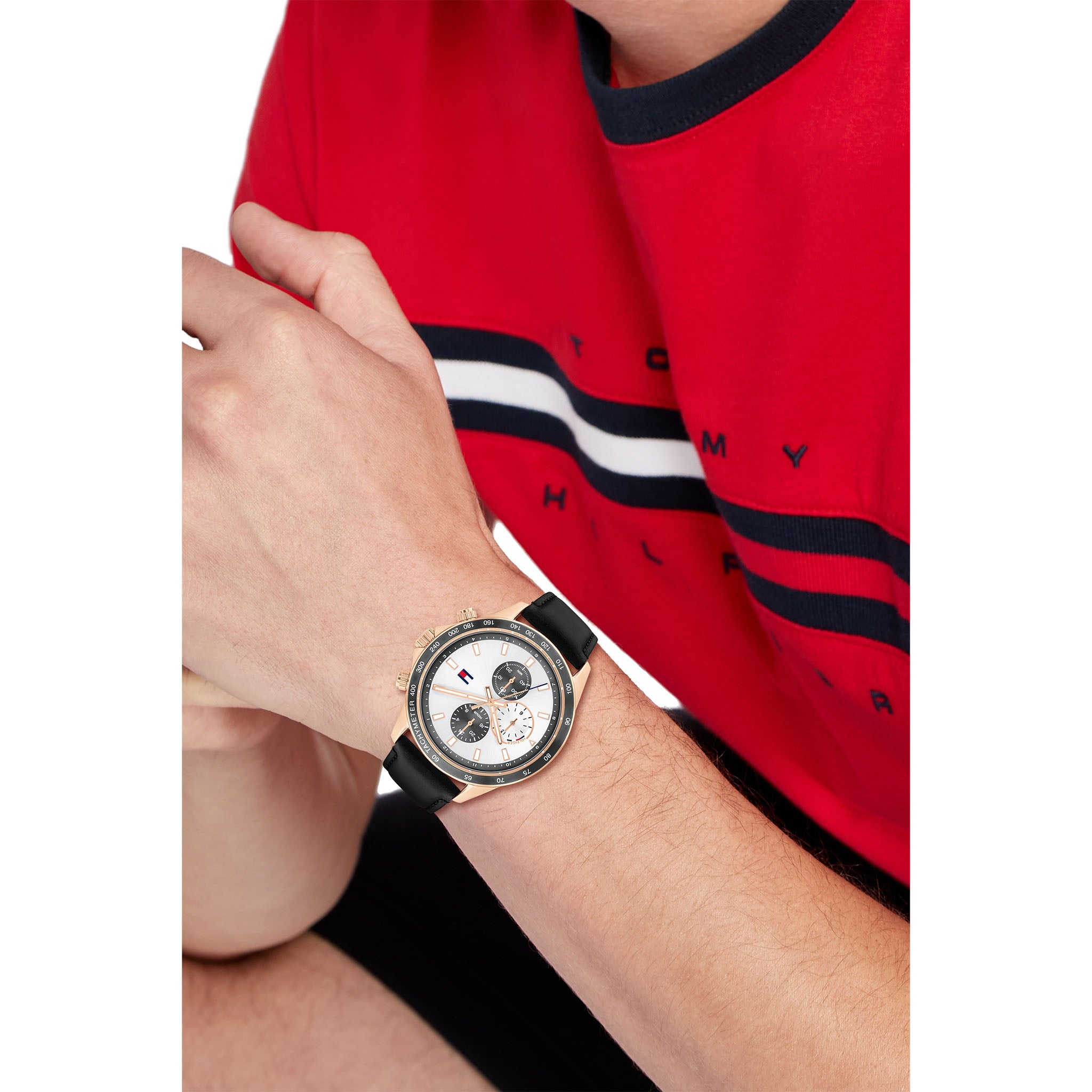 Tommy Hilfiger Black Leather Silver Dial Multi-function Men's Watch - 1792016