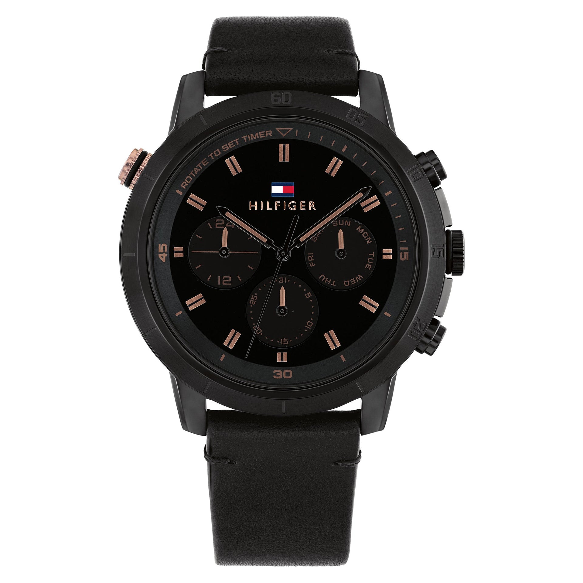 Tommy Hilfiger Black Leather Multi-function Men's Watch 1792110