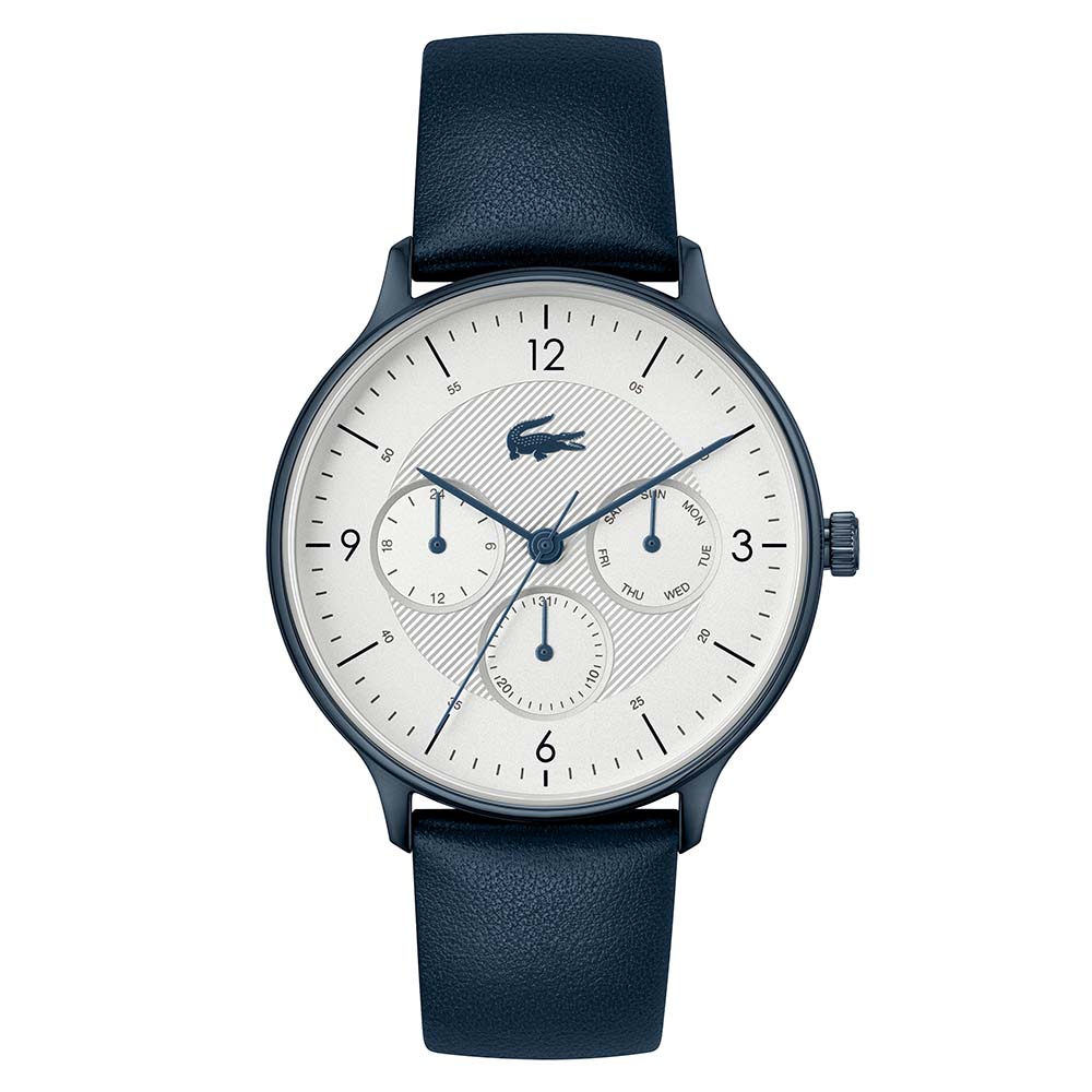 Lacoste Club Navy Leather Greyish White Dial Men's Multi-function Watch - 2011140