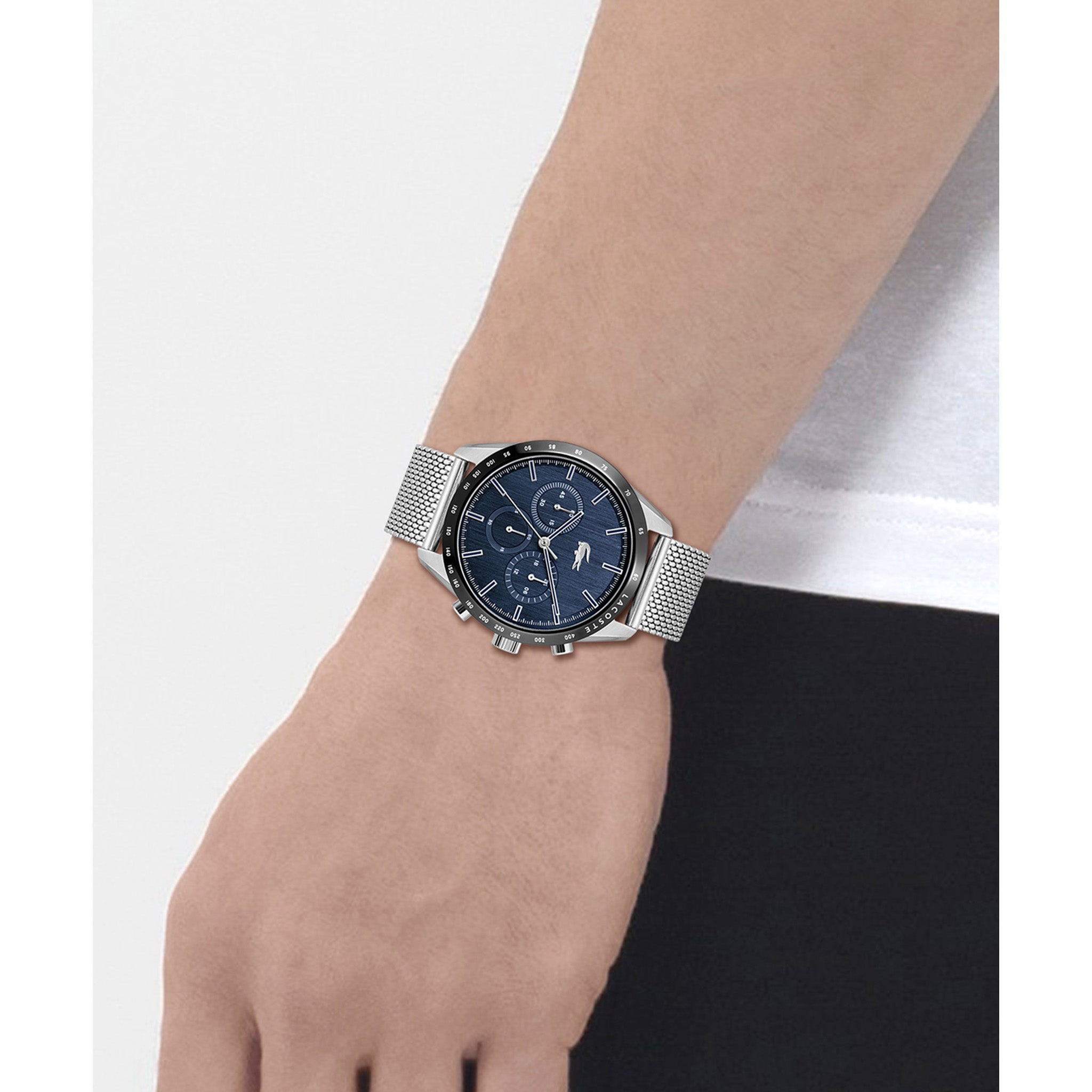 Lacoste Boston Silver Mesh Blue Dial Men's Chronograph Watch - 2011163