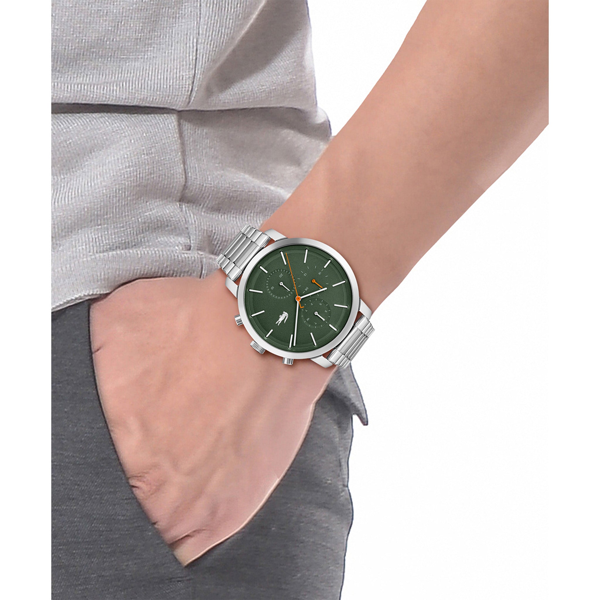 Lacoste Replay Silver Steel Green Dial Men's Multi-function Watch - 2011178
