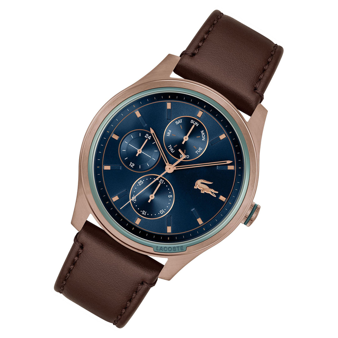 Lacoste Musketeer Brown Leather Blue Sunray Dial Multi-function Men\'s – The  Watch Factory Australia