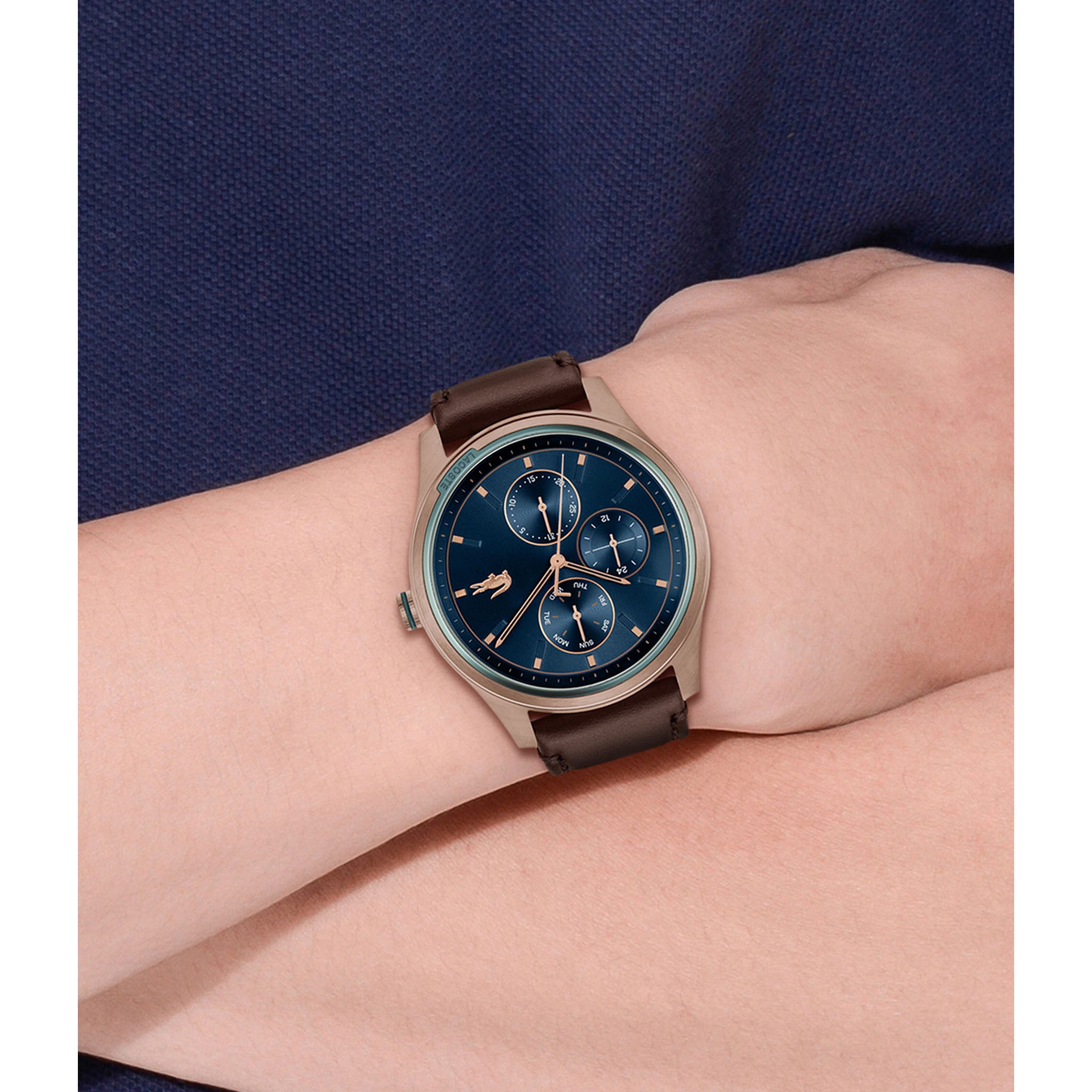 Lacoste Musketeer Brown Leather Blue Sunray Dial Multi-function Men's Watch - 2011210
