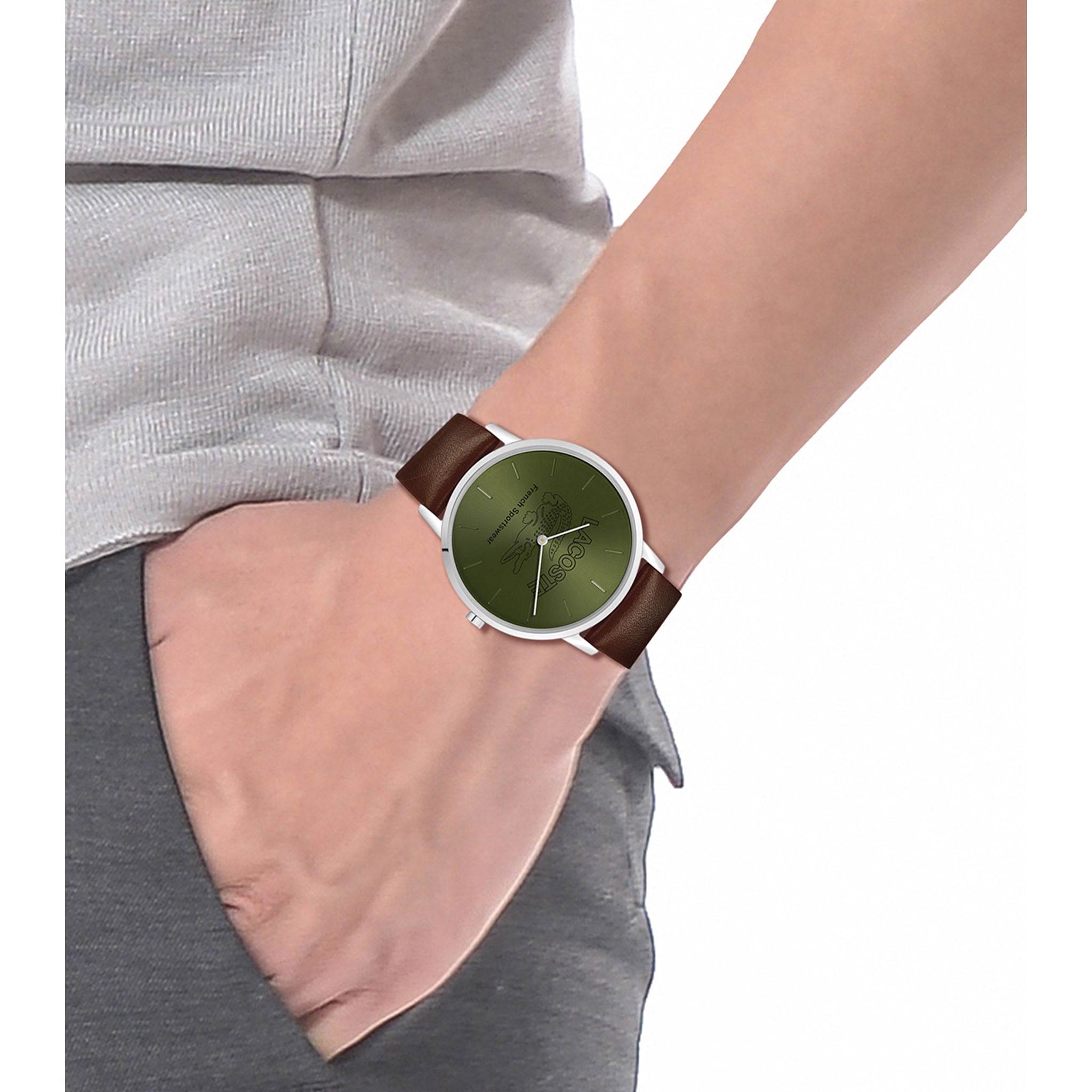 Lacoste Crocorigin Brown Leather Green Dial Men's Watch - 2011212