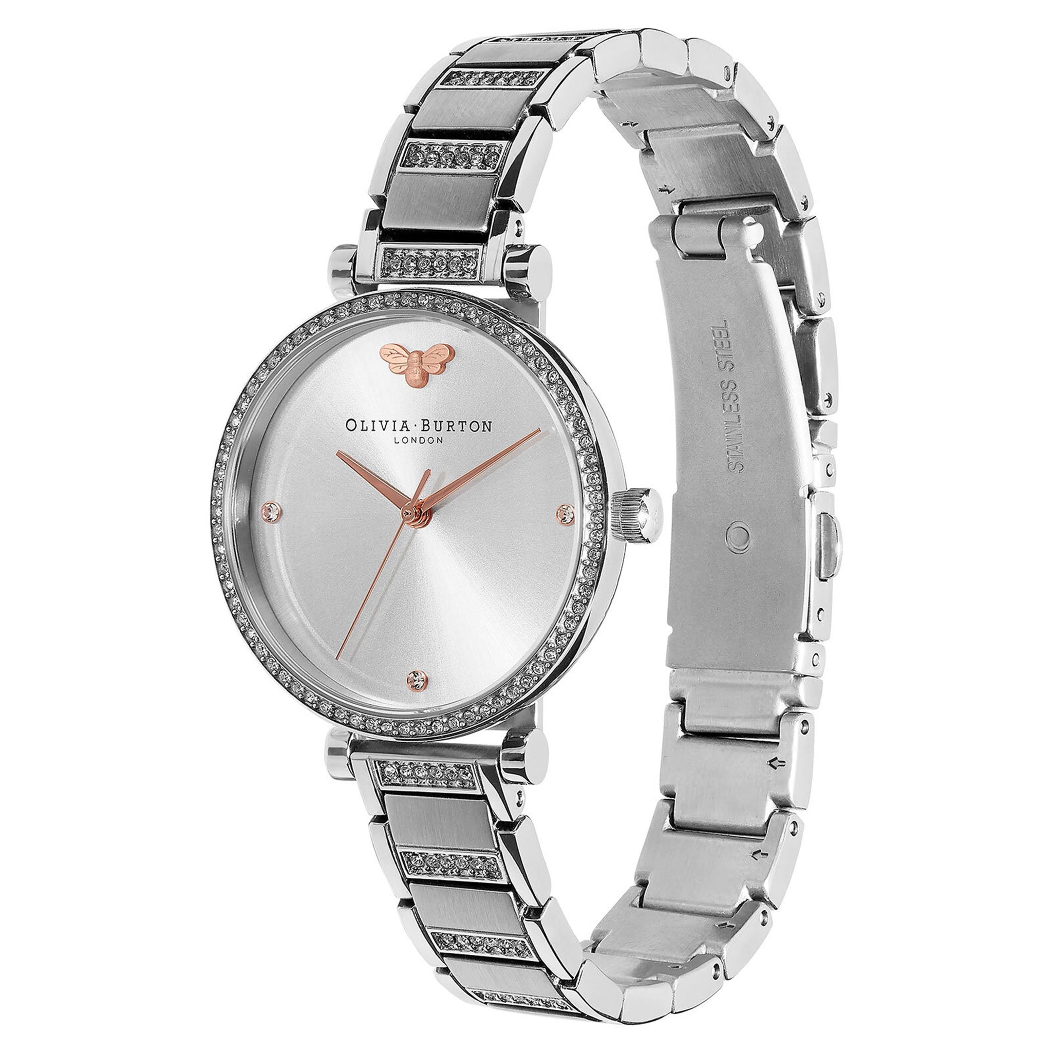 Olivia Burton Stainless Steel with Crystal Light Grey Sunray & Stone & Bee Dial Women's Watch - 24000001