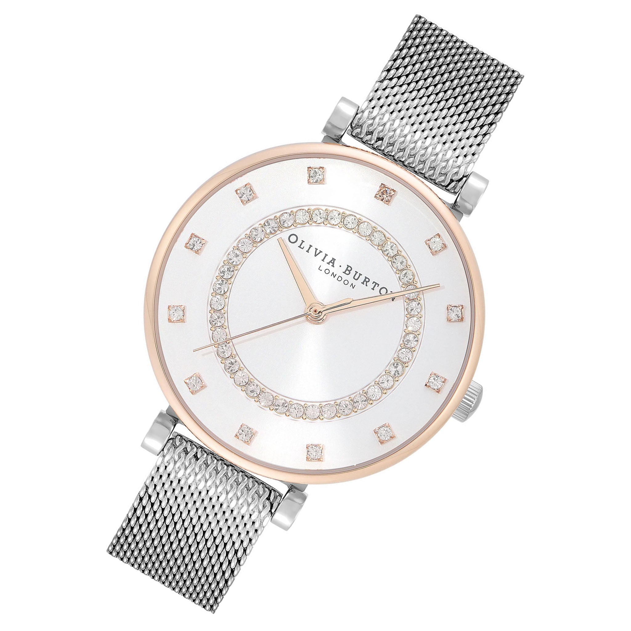 Olivia Burton Steel Mesh Silver White & Stone Dial Women's Watch - 24000004