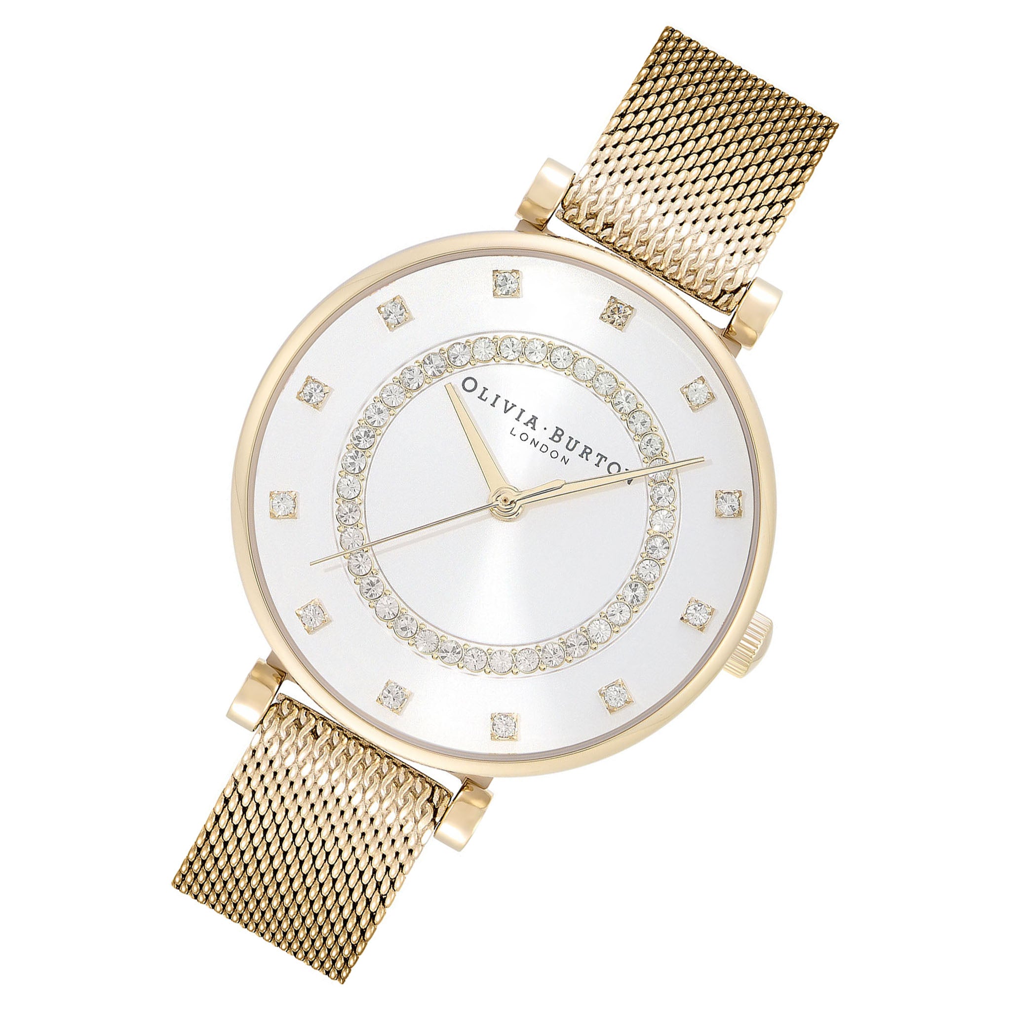 Olivia Burton Gold Mesh Silver White & Stone Dial Women's Watch - 24000005