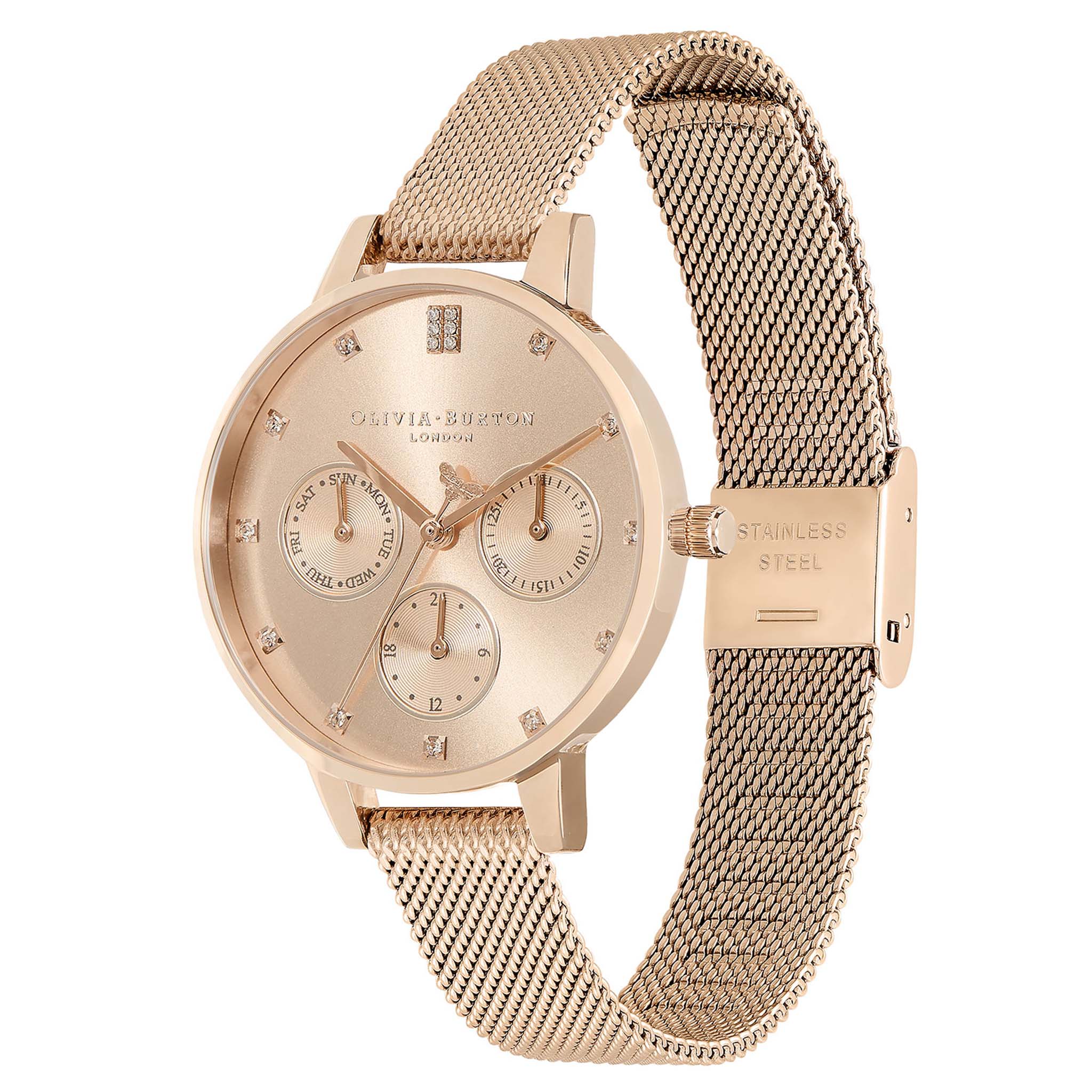 Olivia Burton Steel Mesh Carnation Gold & Stone Dial Multi Function Women's Watch - 24000008