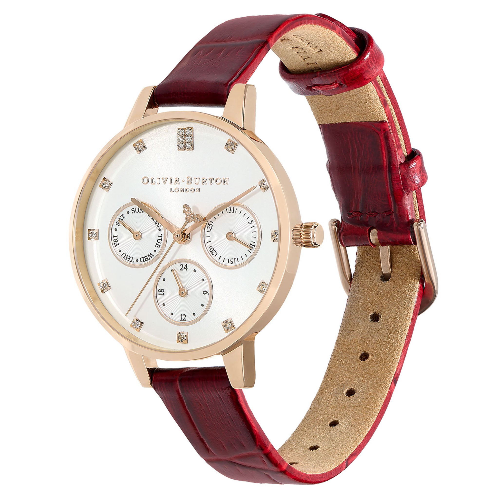 Olivia Burton Burgundy Leather White & Stone Dial Multi Function Women's Watch - 24000009