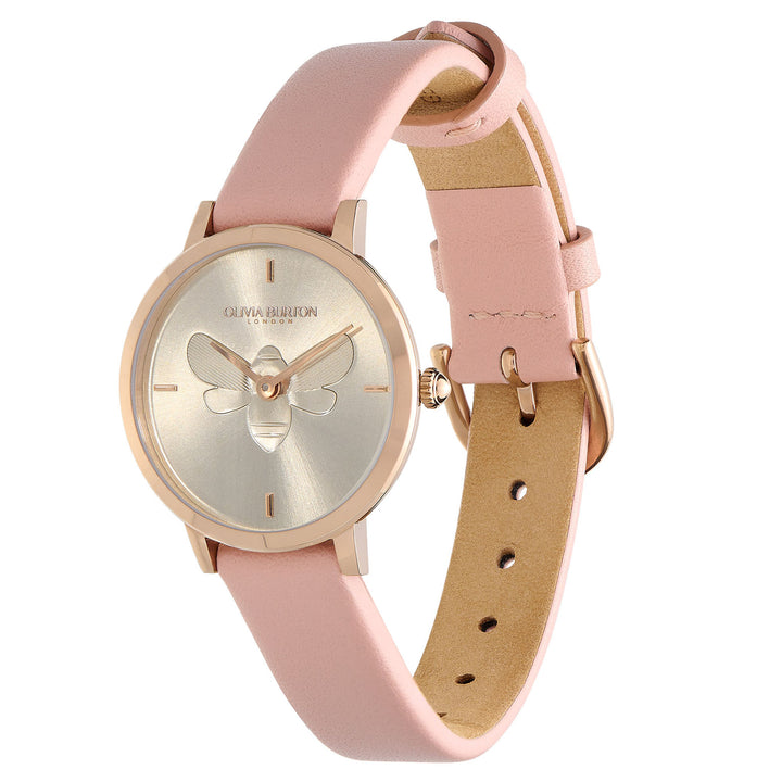 Olivia Burton Ultra Slim Bee Pink Leather Silver Dial Women's Watch - 24000018