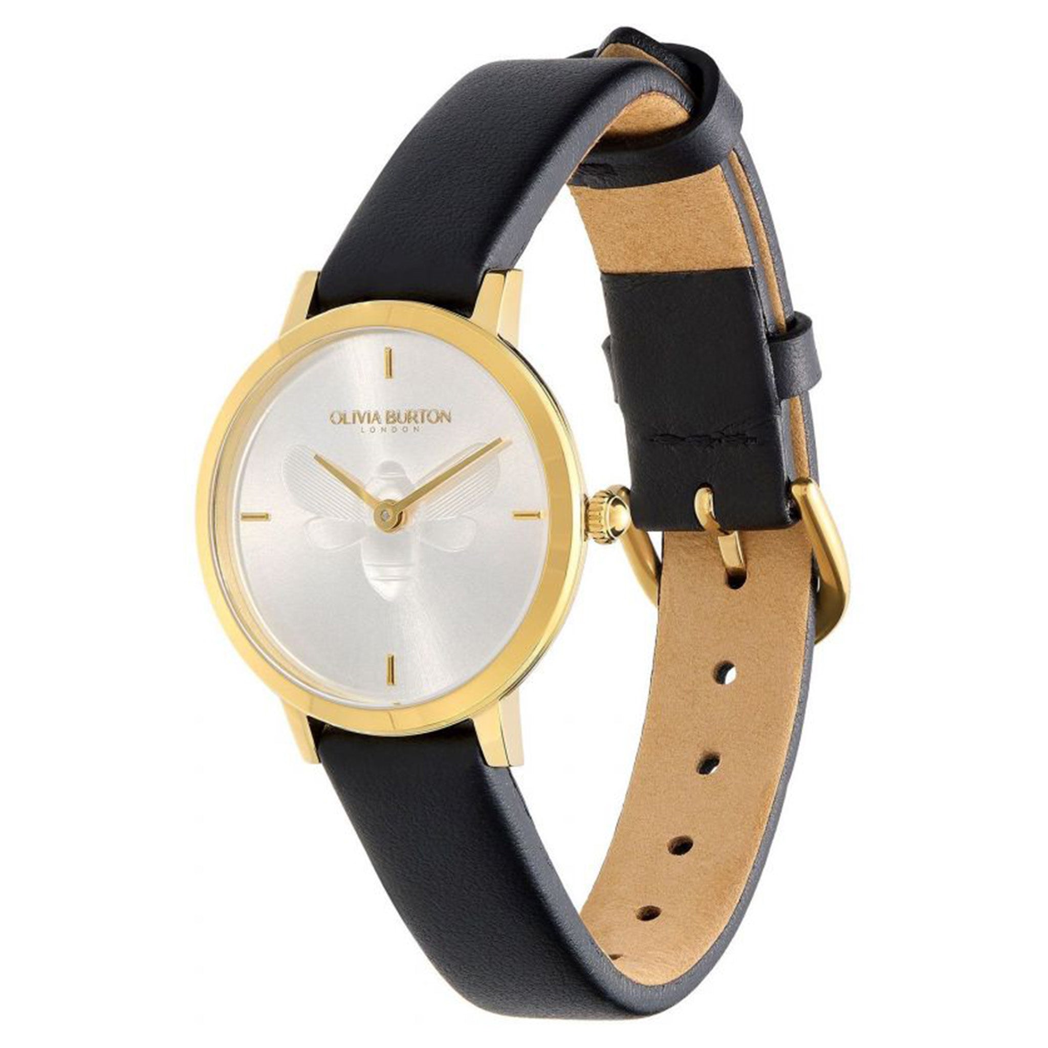 Olivia Burton Ultra Slim Bee Black Leather Silver White Dial Women's Watch - 24000019