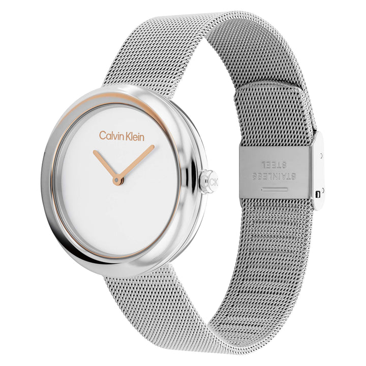 Calvin Klein Twisted Bezel Silver Mesh White Dial Women's Watch - 25200011