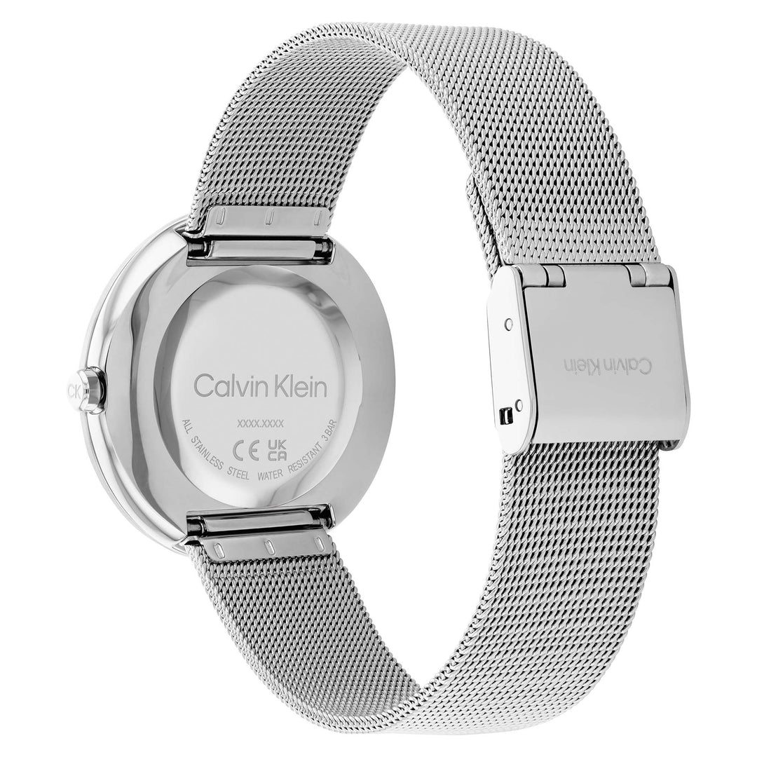 Calvin Klein Twisted Bezel Silver Mesh White Dial Women's Watch - 25200011
