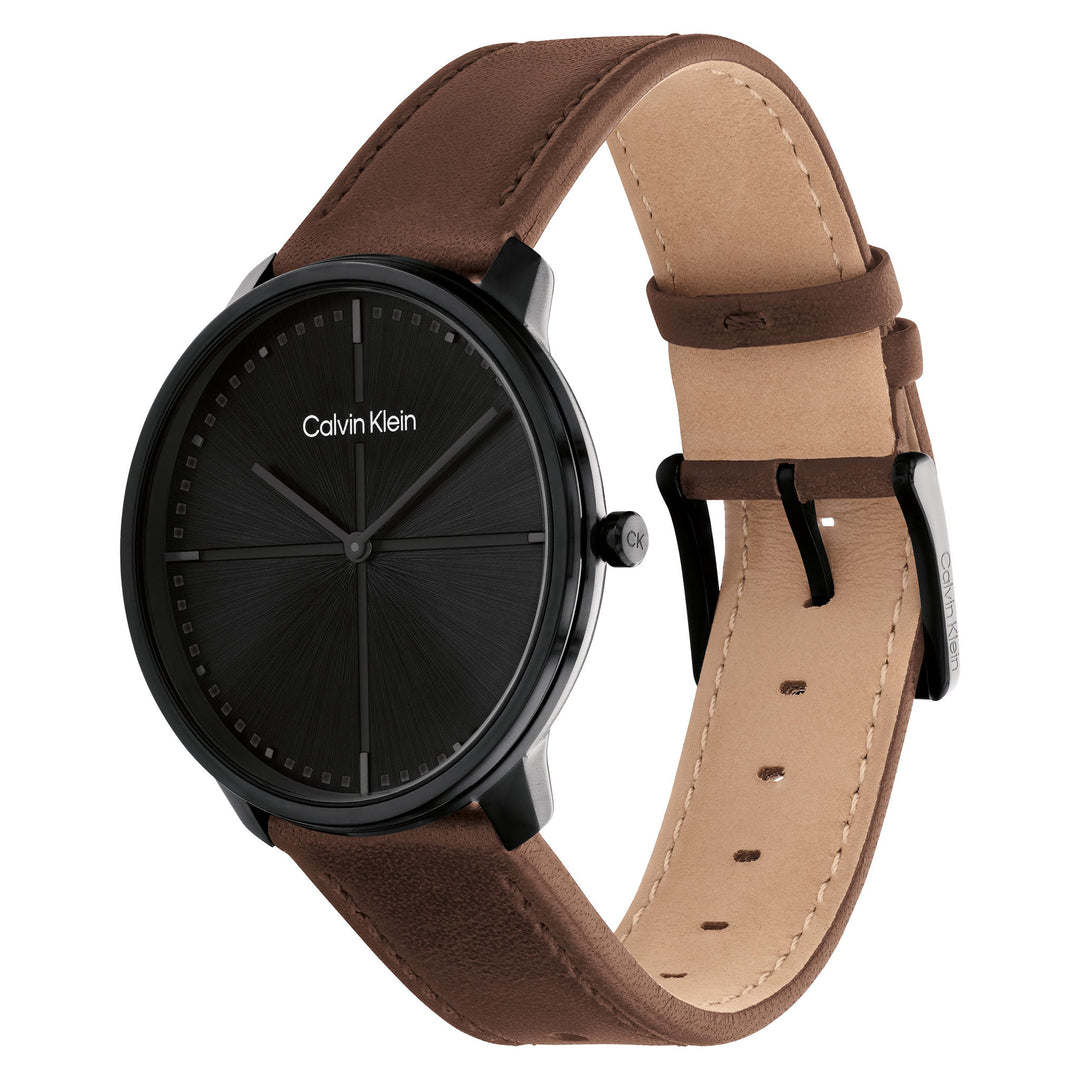 Calvin Klein Dark Brown Leather Black Dial Unisex Watch - 25200155