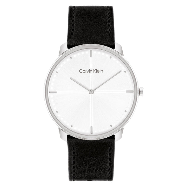 Calvin Klein Black Leather Silver White Dial Unisex Watch - 25200156