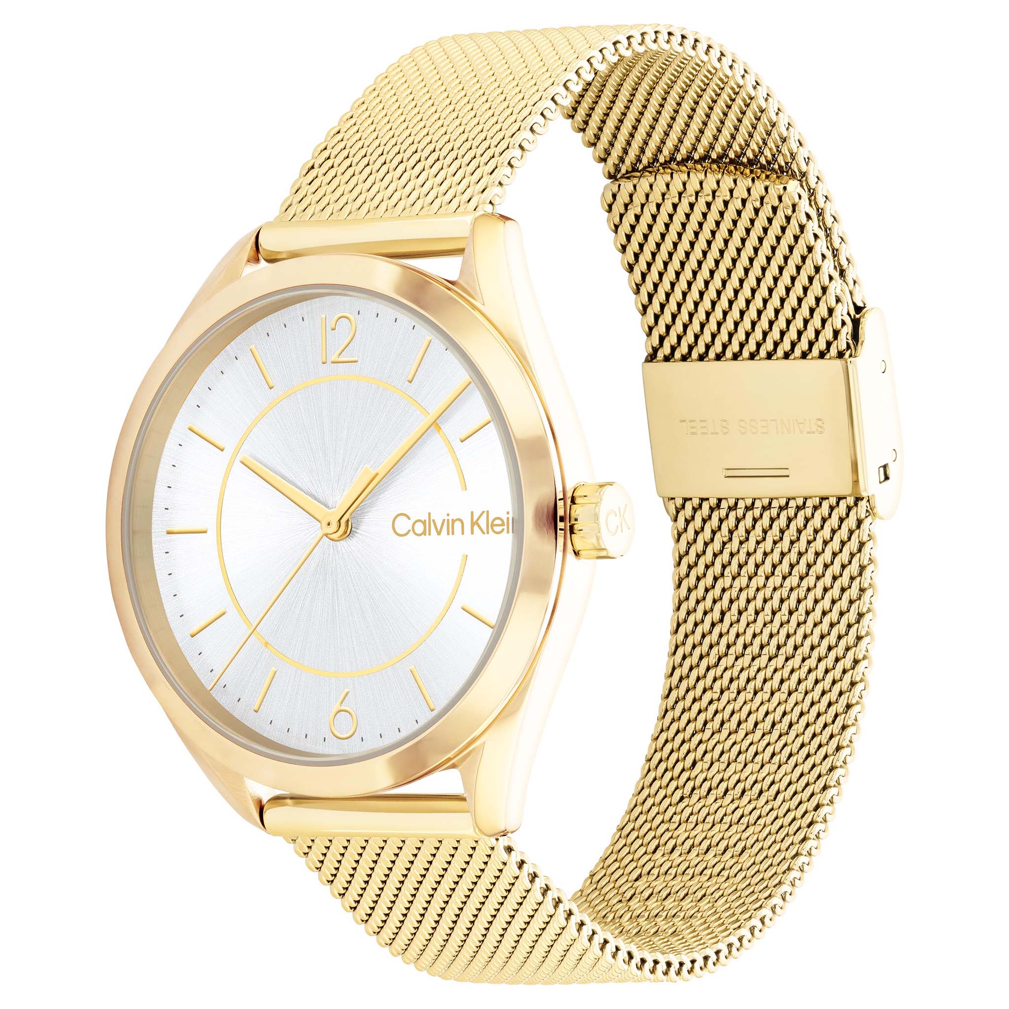 Calvin Klein Gold Mesh Silver White Dial Women's Watch - 25200195