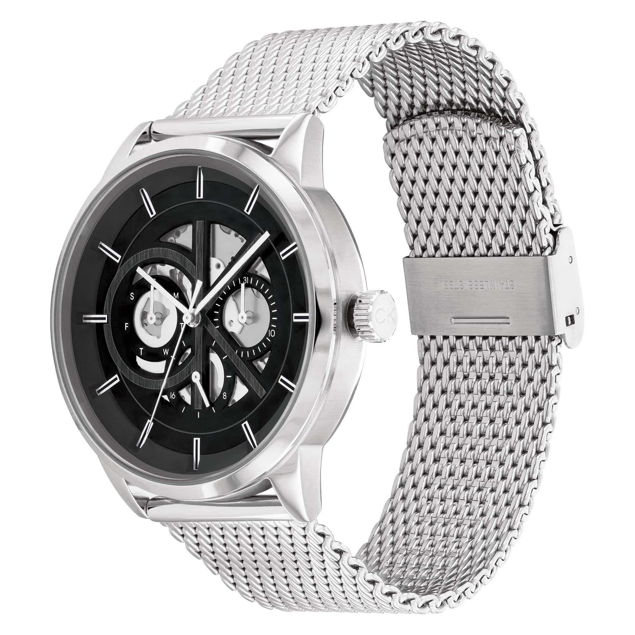 Calvin Klein Silver Mesh Black Dial Multi-function Men's Watch - 25200213