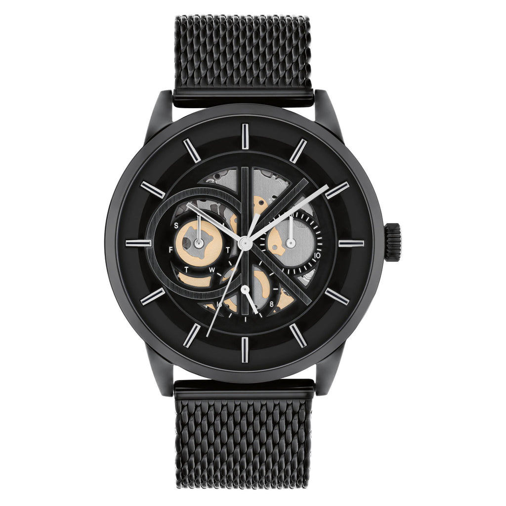 Calvin Klein Modern Skeleton Ionic Plated Black Steel Black Dial Multi ...