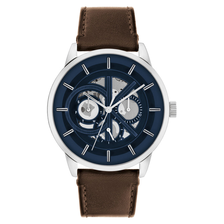 Calvin Klein Brown Leather Blue Dial Multi-function Men's Watch - 25200216