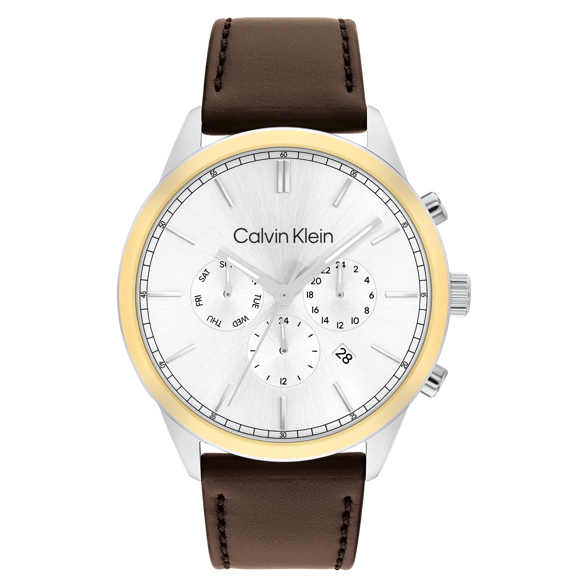 Calvin Klein Brown Leather Silver White Dial Multi-function Men's Watch - 25200381