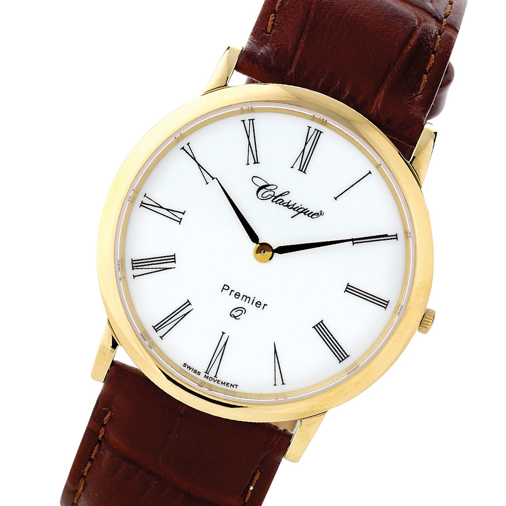 Classique Elegance Brown Leather White Dial Men's Swiss Watch - 28145G