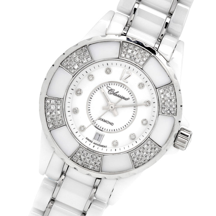 Classique 100 Diamond Set White Ceramic Ladies Swiss Watch - 28147WDD
