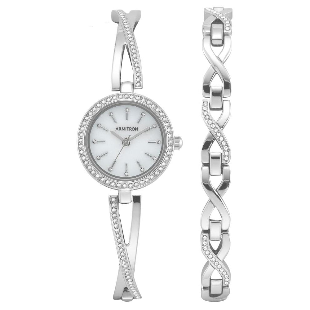 Armitron Silver Band White Mother of Pearl Dial Women's Watch & Bracel ...