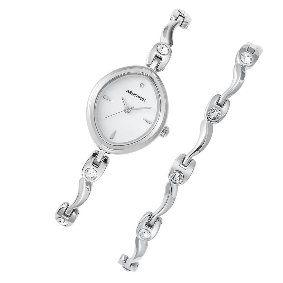 Armitron Silver Band White Dial Women's Watch & Bracelet Set - 755543MPSVST
