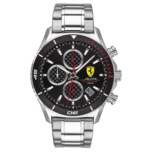 Ferrari Pilota Chronograph フェラーリ 腕時計 Scuderia Ferrari Pilota Evo Silver Steel Black Dial
