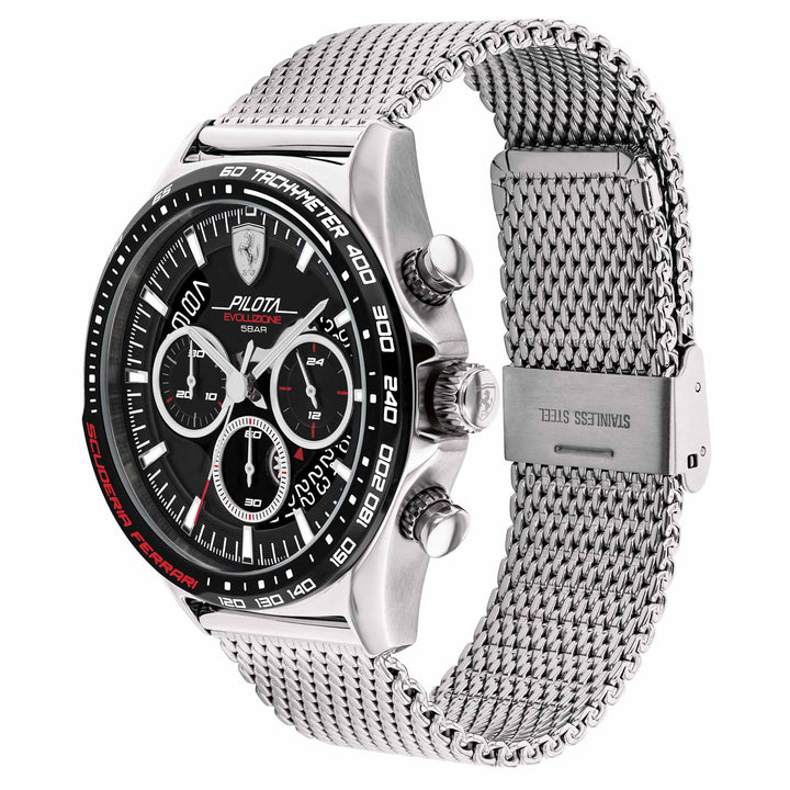 Scuderia Ferrari Pilota Evo Silver Steel Mesh Black Dial Chronograph Men's Watch - 830826