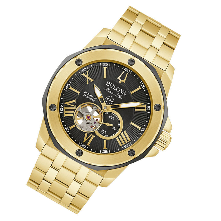 Bulova Marine Star Gold Steel Black Dial Men's Automatic Watch - 98A273