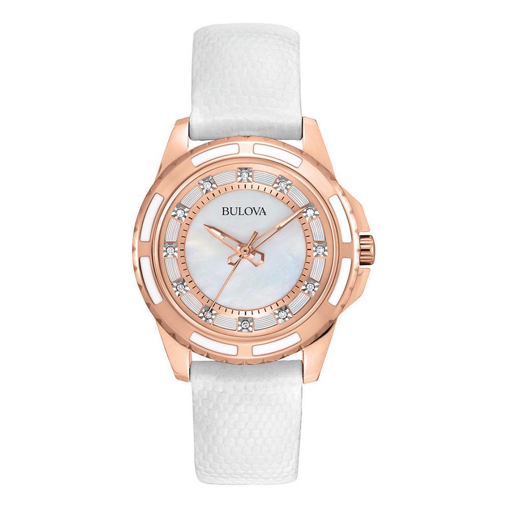 Bulova Ladies Sutton Domed Diamond Encrusted Leather Watch - 98P119