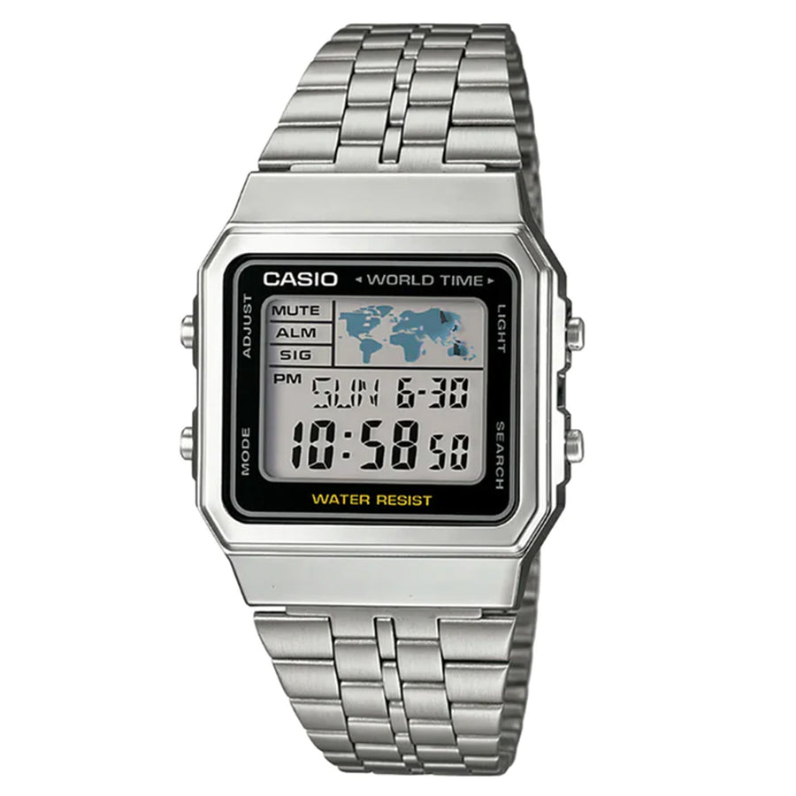 Casio Vintage World Time Silver-Tone Steel Digital Unisex Watch - A500WA-1DF