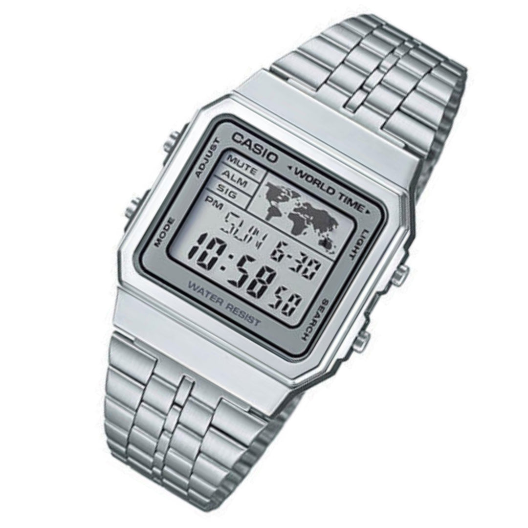 Casio Silver Retro World Time Unisex Digital Watch - A500WA-7DF