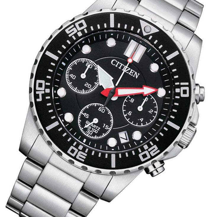 Citizen Silver Steel Men's Black Dial Chrono Watch - AI5000-84E