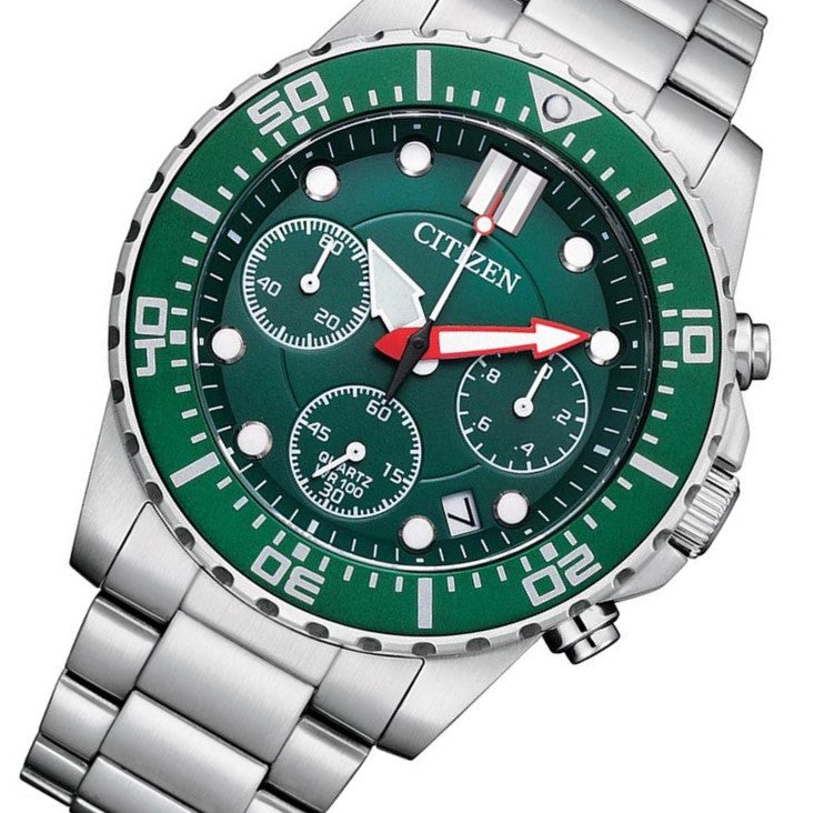 Citizen Silver Steel Green Dial Men's Chrono Watch - AI5009-80X
