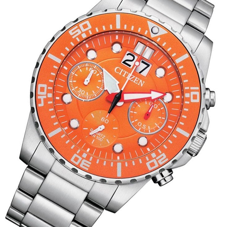 Citizen Silver Steel Orange Dial Men's Chrono Watch - AI7008-81X