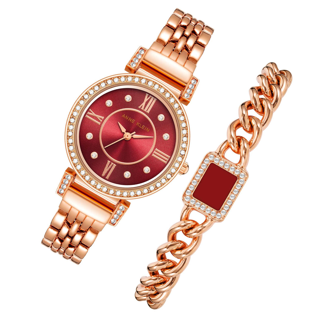 Anne Klein Rose Gold Band Burgundy Dial Women's Watch with Bracelet Gift Set - AK2928BRST