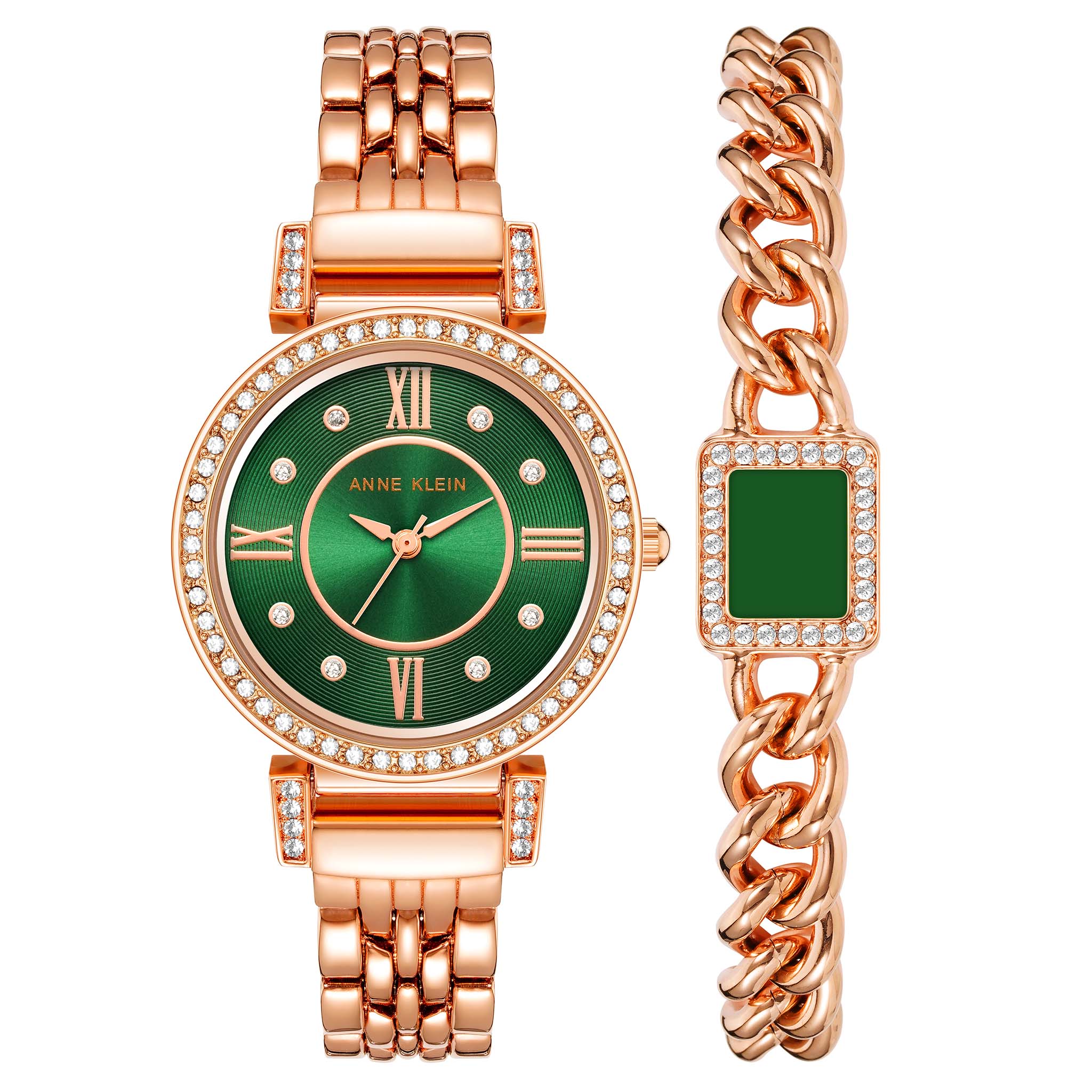 Anne Klein Rose Gold 1Pc Box Set: 1 Enamel Crystal Chain Bracelet Mixed Metal Green Dial Women's Watch - AK2928GNST