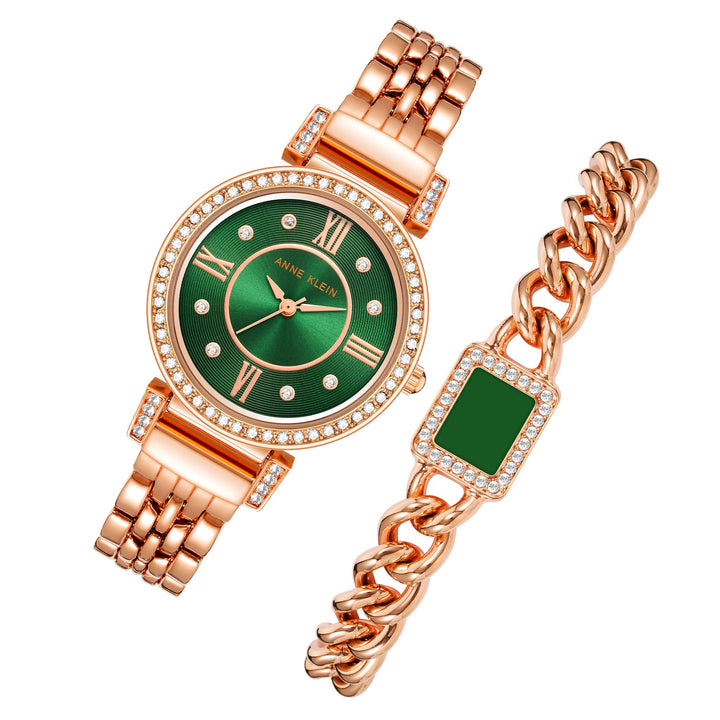 Anne Klein Rose Gold Band Green Dial Women's Watch & Bracelet Set - AK2928GNST
