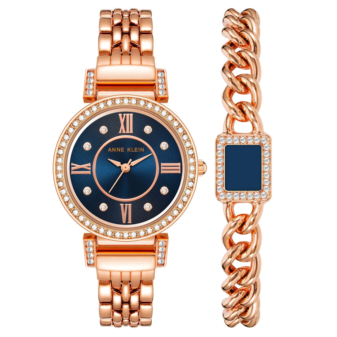 Anne Klein Rose Gold 1Pc Box Set: 1 Enamel Crystal Chain Bracelet Mixed Metal Navy Dial Women's Watch - AK2928NVST