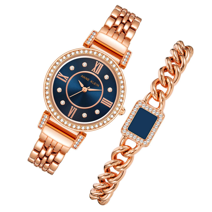 Anne Klein Rose Gold Band Navy Dial Women's Watch with Bracelet Gift Set - AK2928NVST