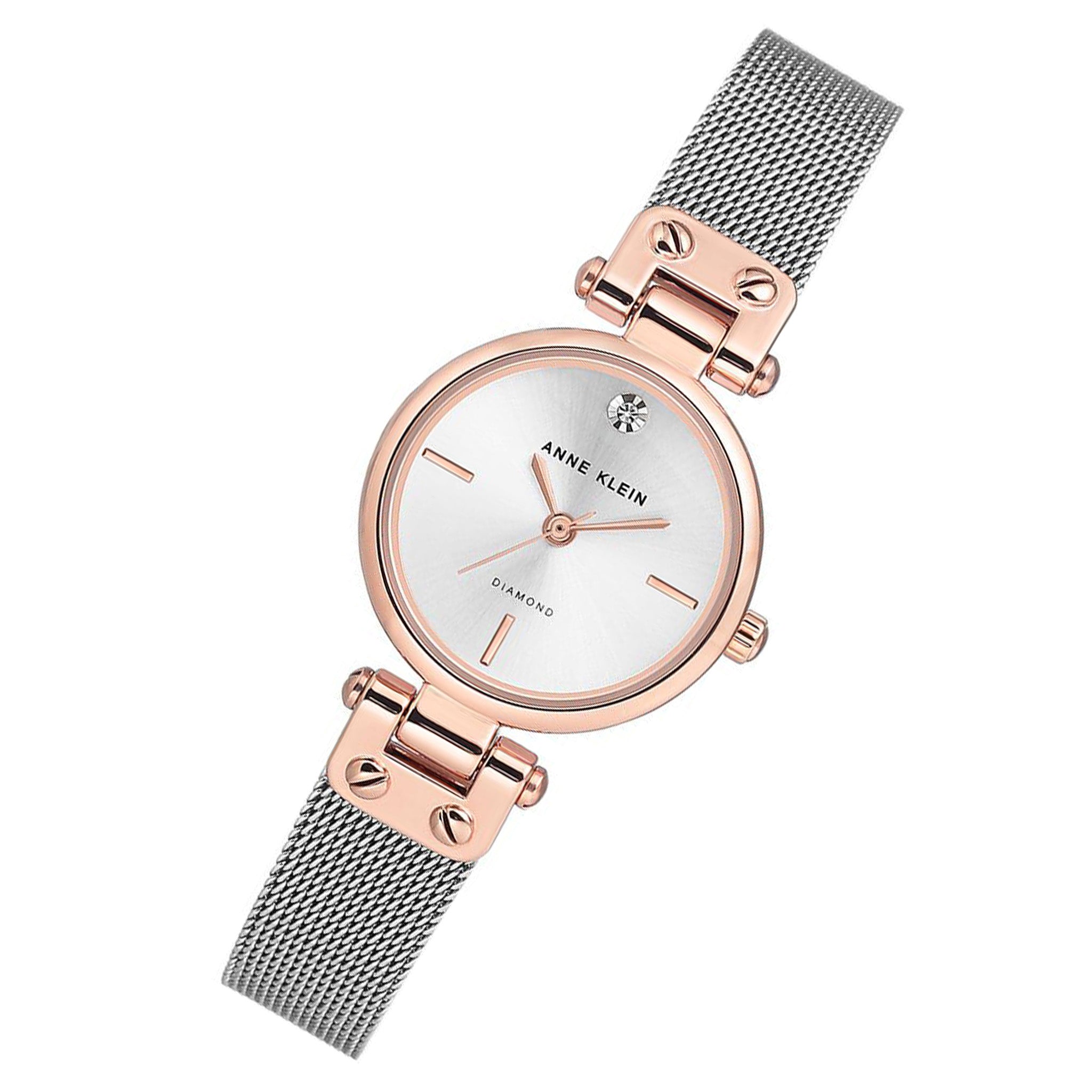 Anne Klein Dress Silver and Rose Gold Mesh Silver White Dial