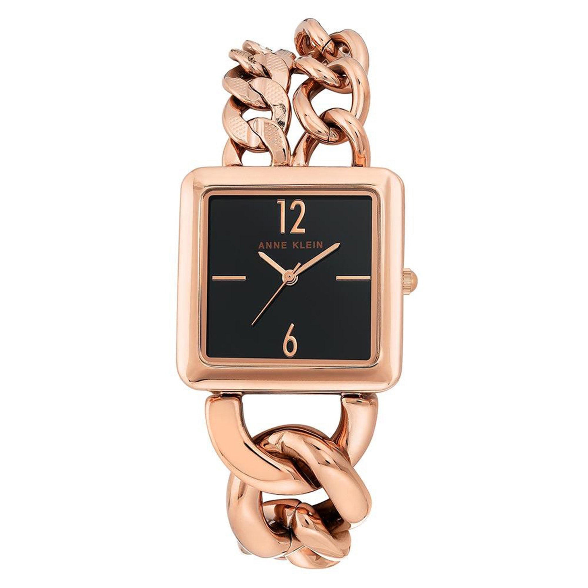Anne Klein Rose Gold Chain Bracelet Black Dial Women's Watch - AK3804BKRG