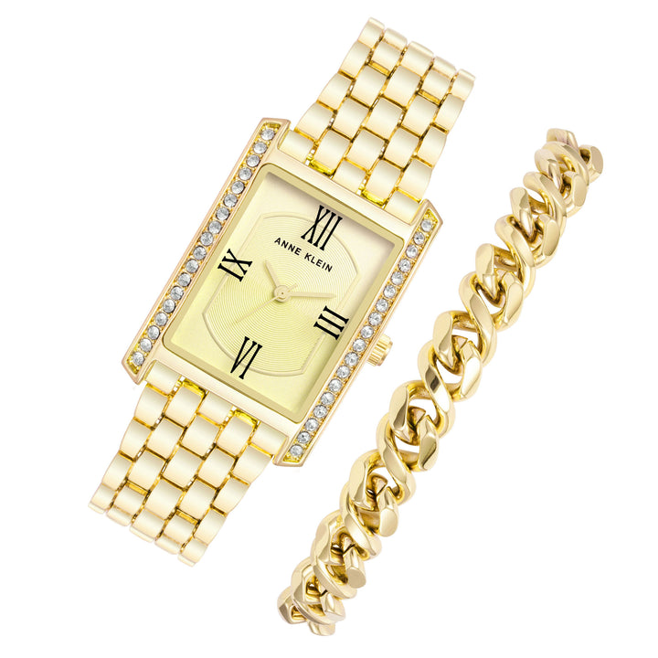 Anne Klein Gold Band Light Champagne Dial Women's Watch with Bracelet Gift Set- AK3990GBST