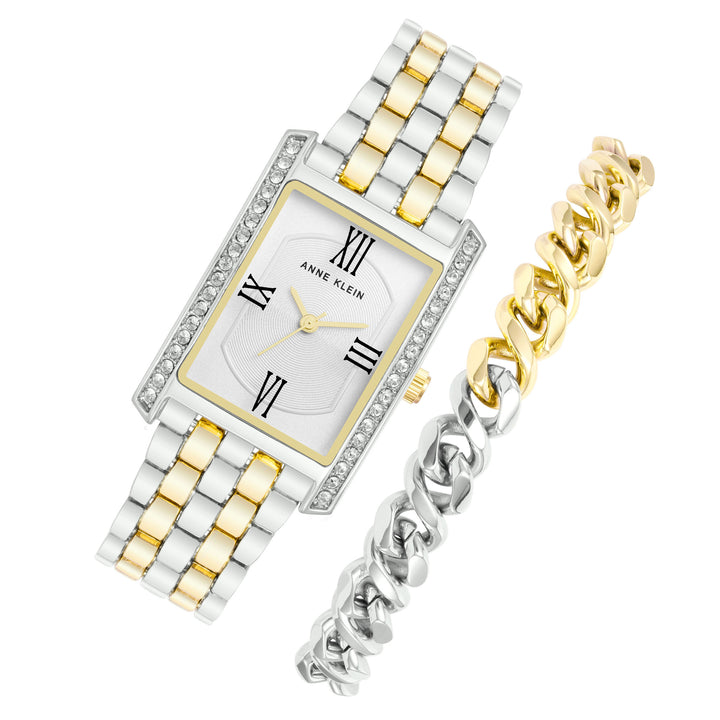 Anne Klein Two-Tone Band Silver Dial Women's Watch with Bracelet Gift Set - AK3991TTST