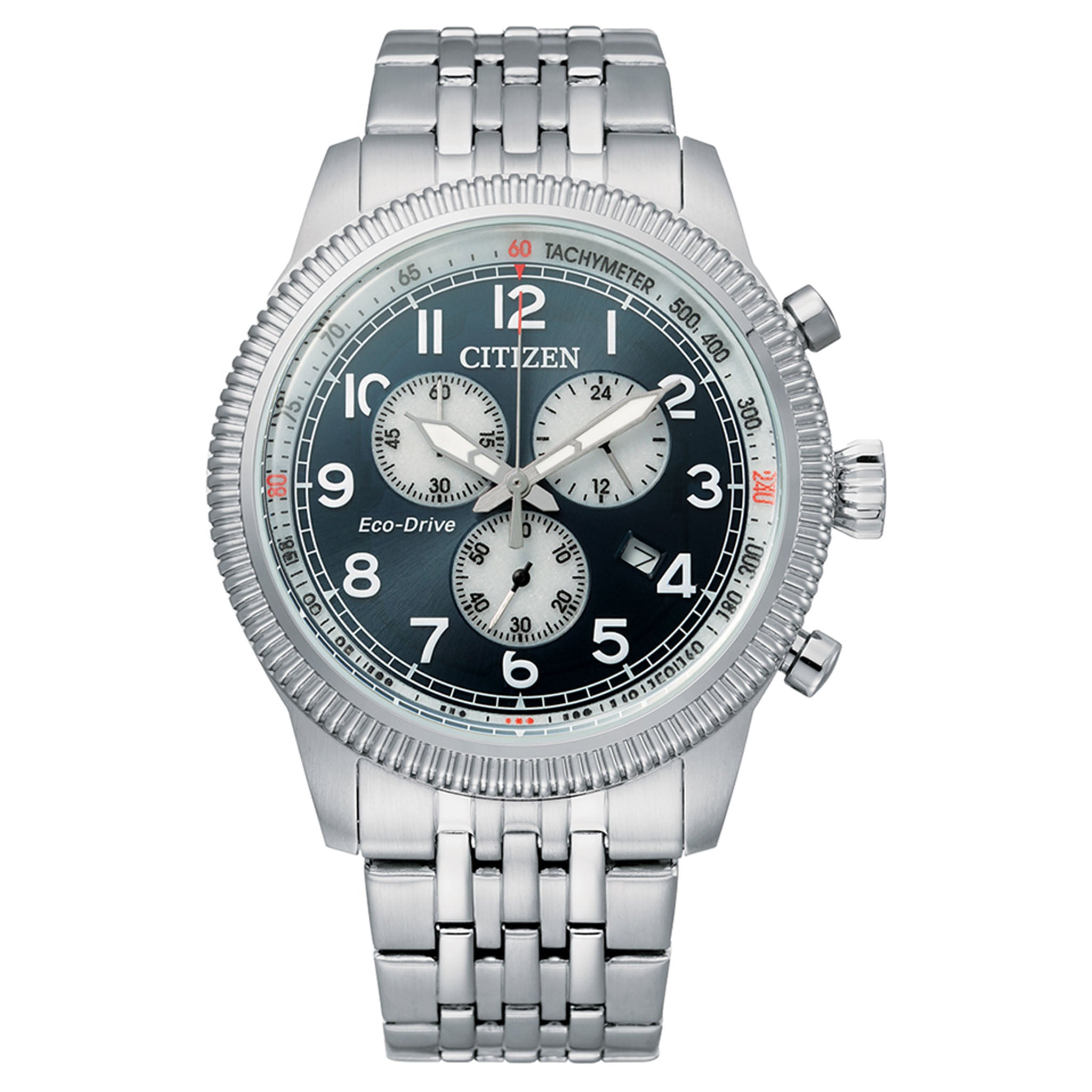 Citizen Silver Steel Eco-Drive Blue Dial Men's Chrono Watch - AT2460-89L
