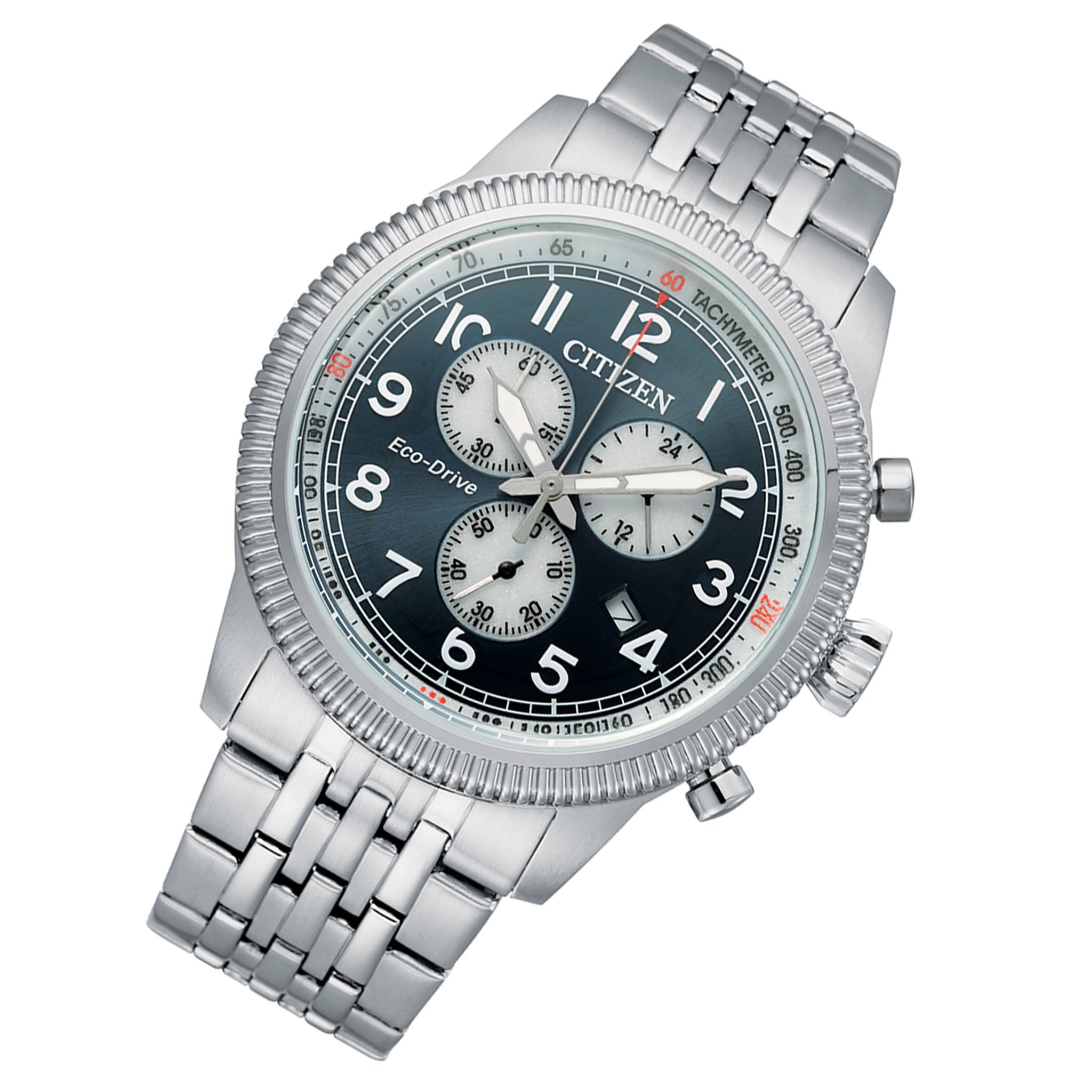 Citizen Silver Steel Eco-Drive Blue Dial Solar Men's Chrono Watch - AT2460-89L