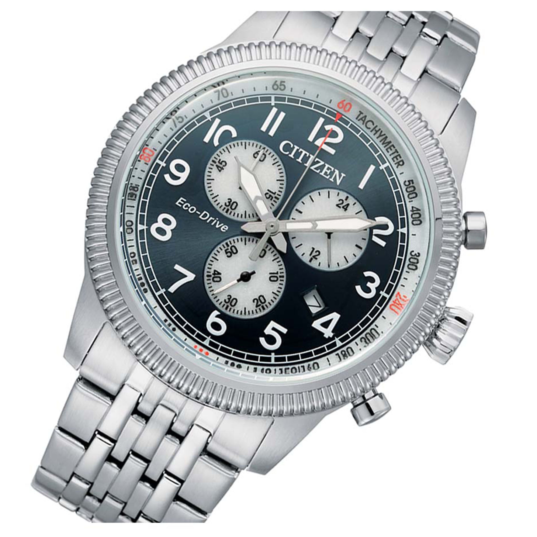 Citizen Silver Steel Eco-Drive Blue Dial Solar Men's Chrono Watch - AT2460-89L
